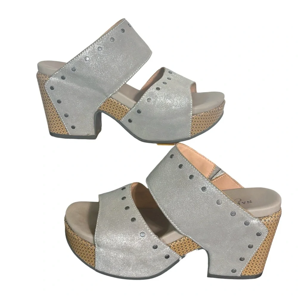 Naked Feet Beslow Leather Platform Slide Sandal Chunky Heel Silver 8